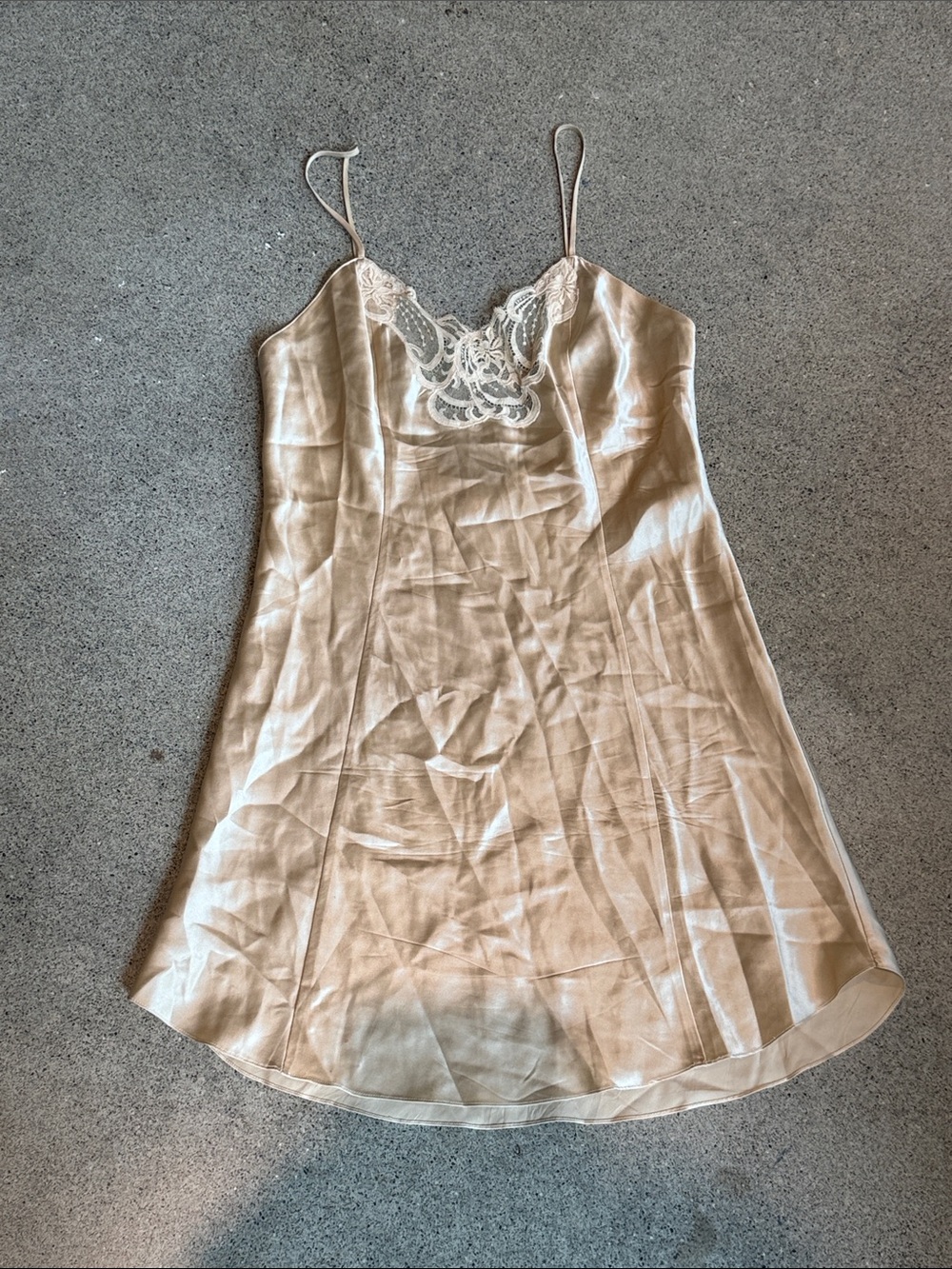 Vintage Champagne Slip Chemise with Lace Yoke